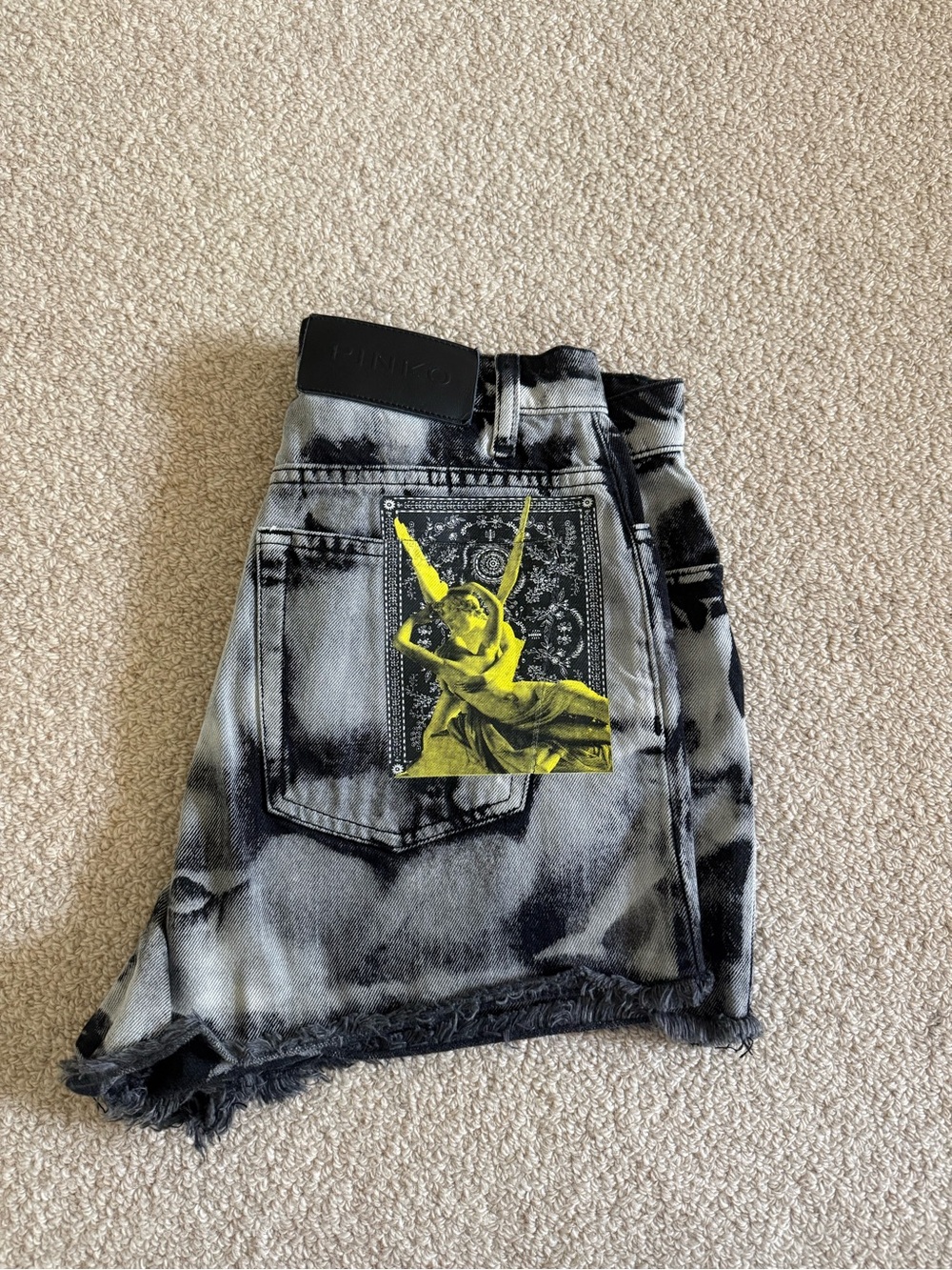 Pinko Woman's Acid Washed Black & White Denim Shorts with Yellow Graphic
